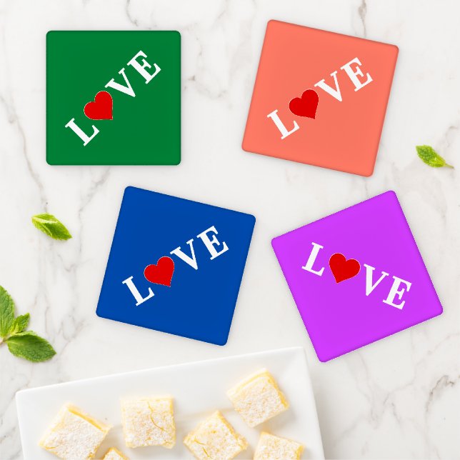 LOVE Blue Green Purple Orange Modern Elegant Coaster Set (In Situ)