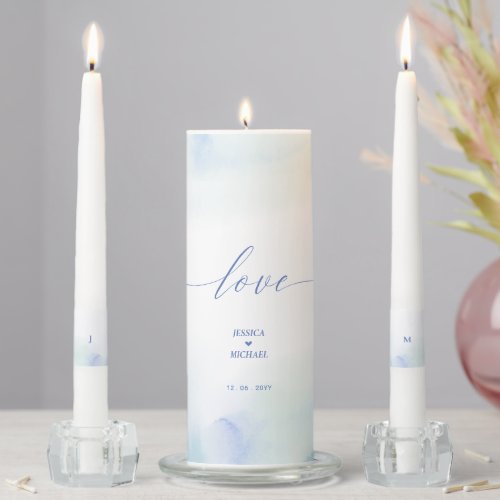 Love  Blue Heart  Watercolor Wedding Ceremony Unity Candle Set