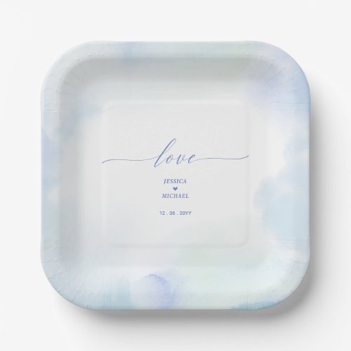 Love  Blue Heart  Watercolor Wedding Paper Plates