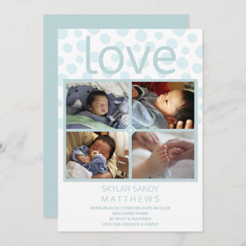 Love Blue Polka Dot 4 Photo Baby Adoption Announcement