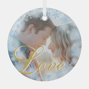 Love Blue Snowflakes Frame Personalized Photo Glass Ornament