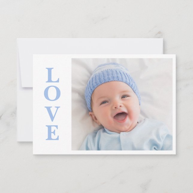 Love Blue Typography Photo Birth Announcement (Front)