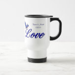 Love Bluebird Personalized Wedding Travel Mug<br><div class="desc">Love in elegant letters with a pretty bluebird personalized wedding favor or save the date travel coffee or tea mug. Fill in your text in the template. Click on Customize to change font size, style, and color, and to add text. Available in different sizes and styles. This design is available...</div>