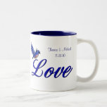 Love Bluebird Personalized Wedding  Two-Tone Coffee Mug<br><div class="desc">Love in elegant letters with a pretty bluebird personalized wedding favor or save the date coffee or tea mug. Fill in your text in the template. Click on Customize to change font size, style, and color, and to add text. Available in different sizes and styles. This design is available on...</div>