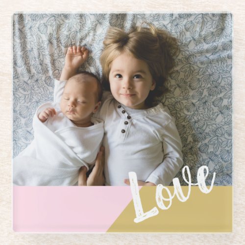 Love  Blush and Gold Geometric Personalized Photo Glass Coaster