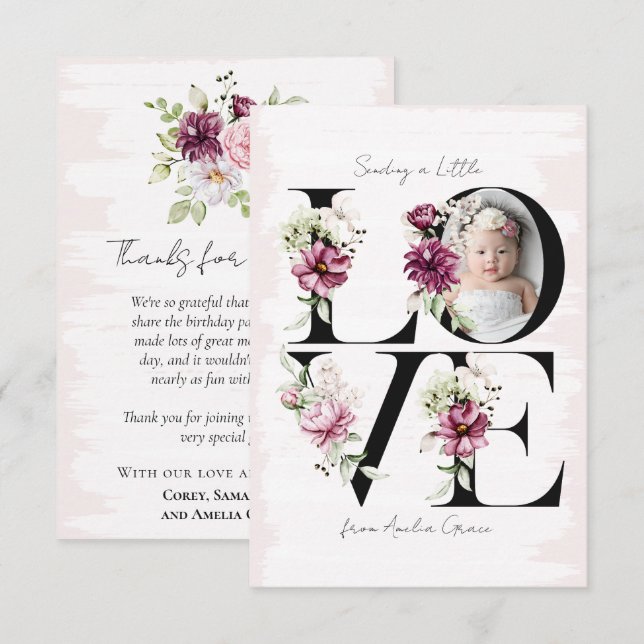 LOVE Blush Floral Baby Girl's Birthday Guest Thank You Card (Front/Back)