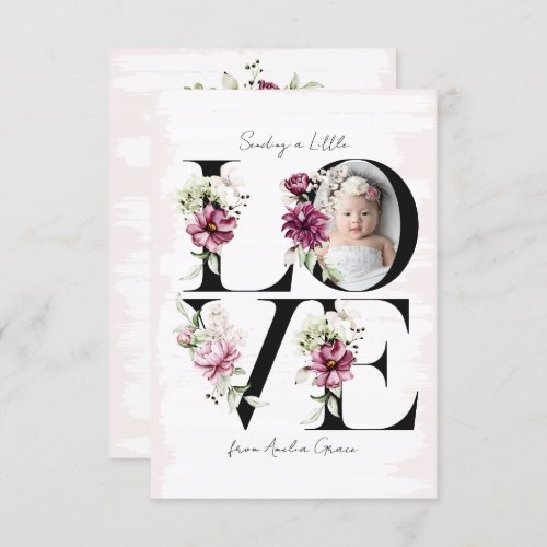 LOVE Blush Floral Baby Girls Birthday Guest Thank You Card