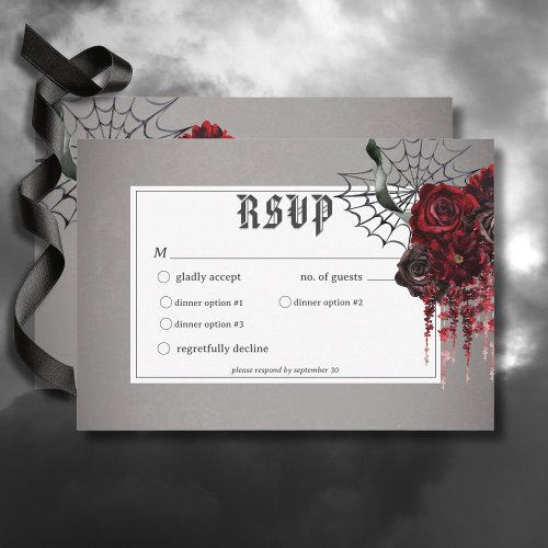 Love  Bones Spooky Red Floral Wedding Dinner RSVP Card