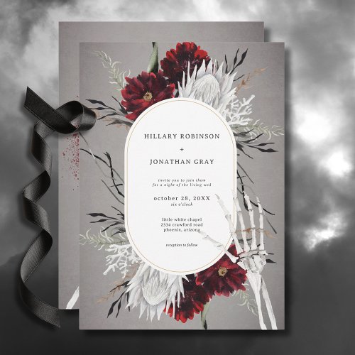 Love  Bones Spooky Red Floral Wedding Invitation