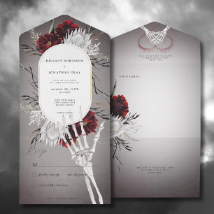 Love & Bones Spooky Red Floral Wedding No Dinner All In One Invitation