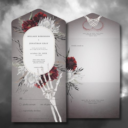 Love  Bones Spooky Red Floral Wedding No Dinner All In One Invitation