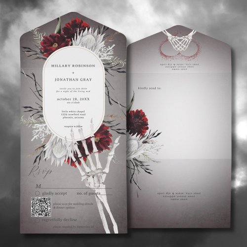 Love  Bones Spooky Red Floral Wedding QR Code All In One Invitation