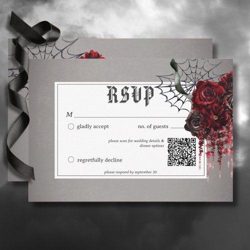 Love  Bones Spooky Red Floral Wedding QR Code RSVP Card