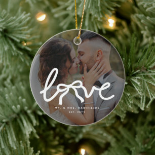 Love Bow Mr and Mrs Custom Couples Wedding 2 Photo Ceramic Ornament
