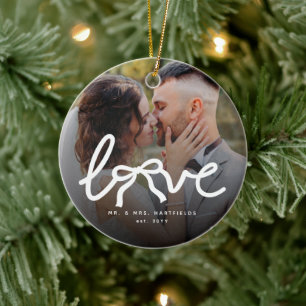 Love Bow Mr and Mrs Custom Couples Wedding 2 Photo Ceramic Ornament