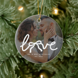 Love Bow Mr and Mrs Custom Couples Wedding Photo Ceramic Ornament