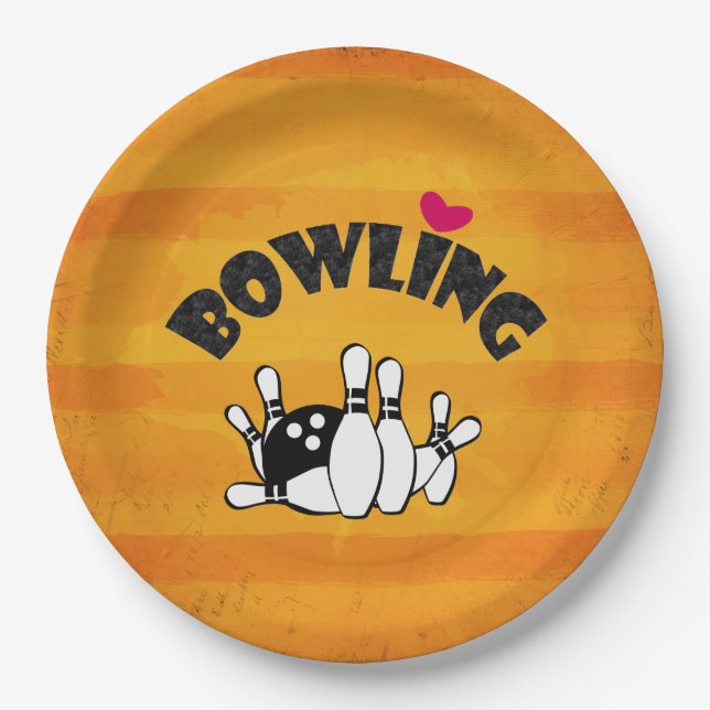 Love Bowling -  B&W Bowling Pins and Ball Paper Plates (Front)