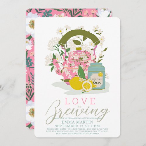 Love Brewing Pink Floral Tea Party Bridal Shower Invitation