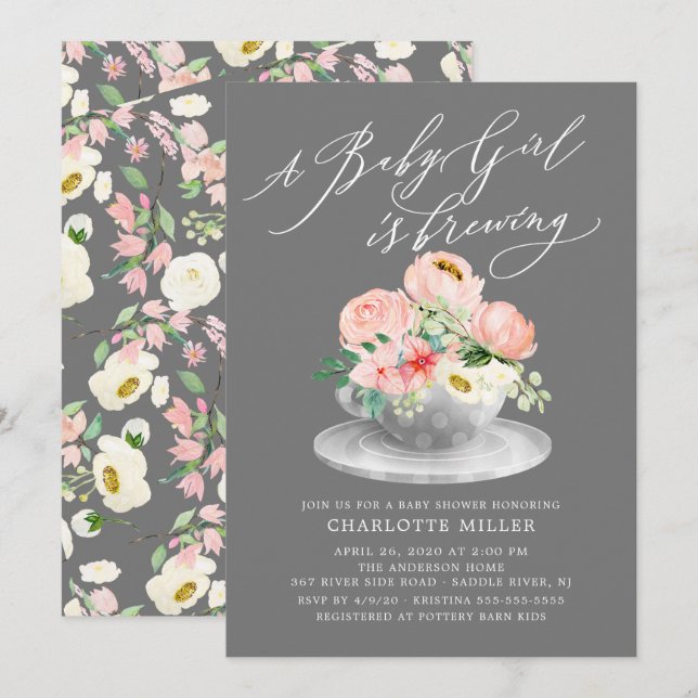 Love Brewing Pink Peonies Floral Baby Tea Shower Invitation (Front/Back)