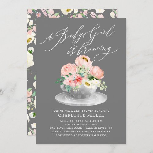 Love Brewing Pink Peonies Floral Baby Tea Shower Invitation