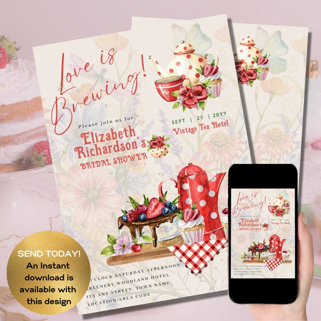 Love Brewing Retro Vintage Bridal Shower Tea Party Invitation (Creator Uploaded)