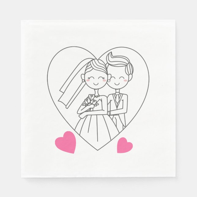 Love Bride And Groom Cartoon Pink Heart Wedding Paper Napkins (Front)
