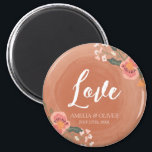 Love Brown Wood and Floral Rustic Wedding Magnet<br><div class="desc">This rustic Wedding Love round magnet features lovely floral against a brown wood pattern background. These Wedding magnets are a great way for guests to remember your special date. Check out other matching rustic wedding items including invitations here http://www.zazzle.com/collections/brown_wood_rustic_floral_wedding_collection-119146535042869019?rf=238364477188679314 Personalize it with your details by replacing the placeholder text. For...</div>