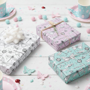 Love Bug Cute Insects Butterfly, Lady Bug & Heart Wrapping Paper Sheets