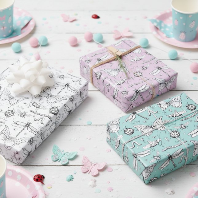 Love Bug Cute Insects Butterfly, Lady Bug & Heart  Wrapping Paper Sheets (Cute Girly Insects Pattern Wrapping Paper for Little Girl. Bugs, Beetles, Butterflies, Ladybugs, Bee)