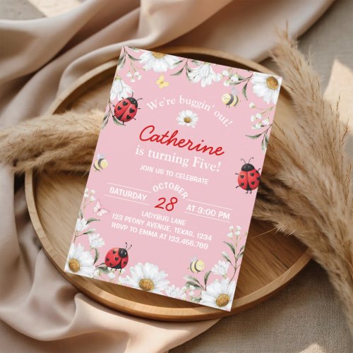 Love Bug Daisy Floral Ladybug Birthday Invitation