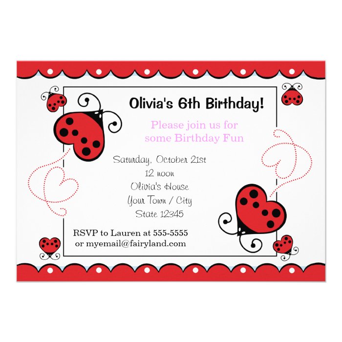 Love Bug Heart Ladybug Birthday Invitations Pink