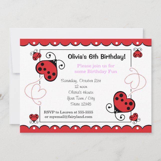 Love Bug Heart Ladybug Birthday Invitations Pink (Front)