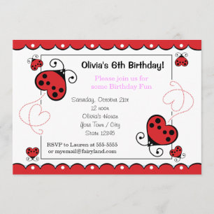 Love Bug Heart Ladybug Birthday Invitations Pink