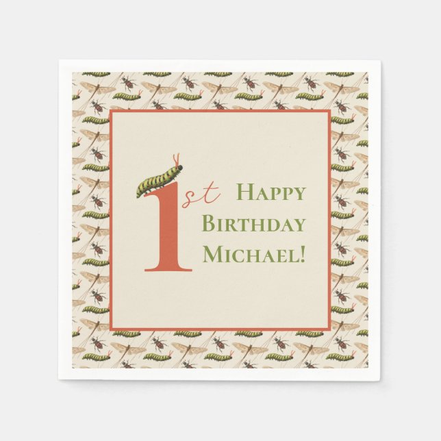 Love Bug Insect Custom Name 1st Birthday    Napkins (Front)