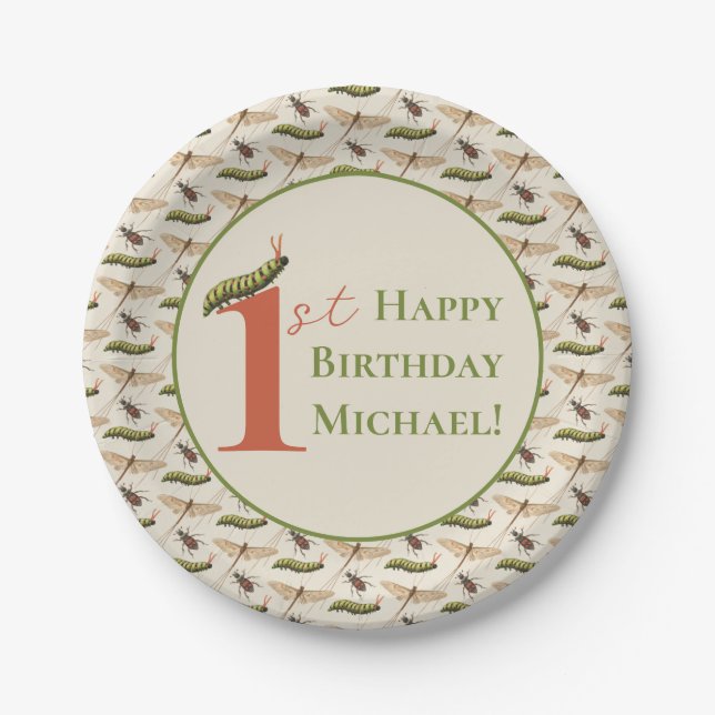 Love Bug Insect Custom Name 1st Birthday   Paper Plates (Front)