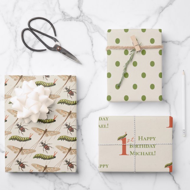 Love Bug Insect Custom Name 1st Birthday Wrapping Paper Sheets (Front)