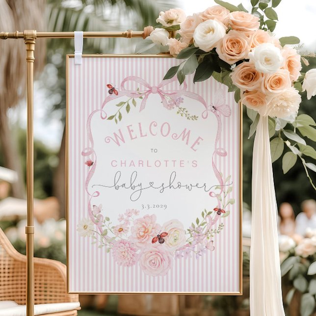 Love Bug Pink Bow Stripes Baby Shower Welcome Foam Board (Creator Uploaded)
