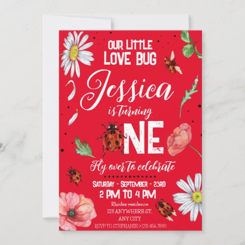 Love bug Watercolor Cute Birthday Girl  Invitation