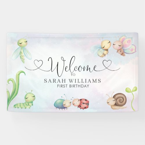 Love Bug Watercolor Girl 1st Birthday Welcome Banner