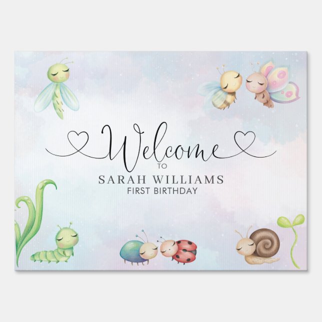 Love Bug Watercolor Girl 1st Birthday Welcome Sign (Back)