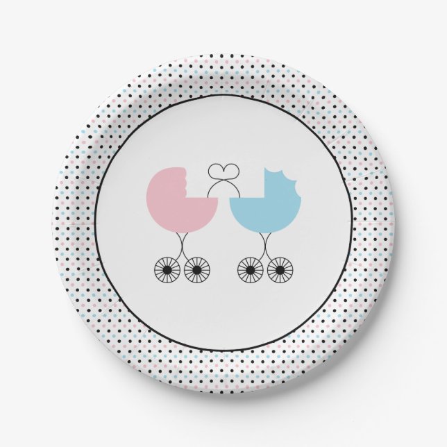 Love Buggies Joint Baby Shower Plates, Pink/Blue Paper Plates (Front)
