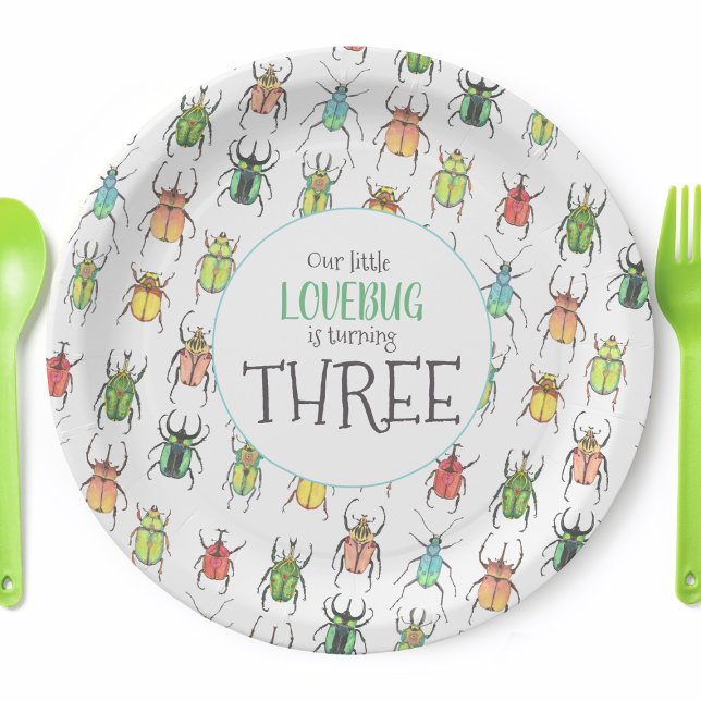 Love Bugs Beetles Kids Birthday  Paper Plates (Personalized Love Bug Party Plates)