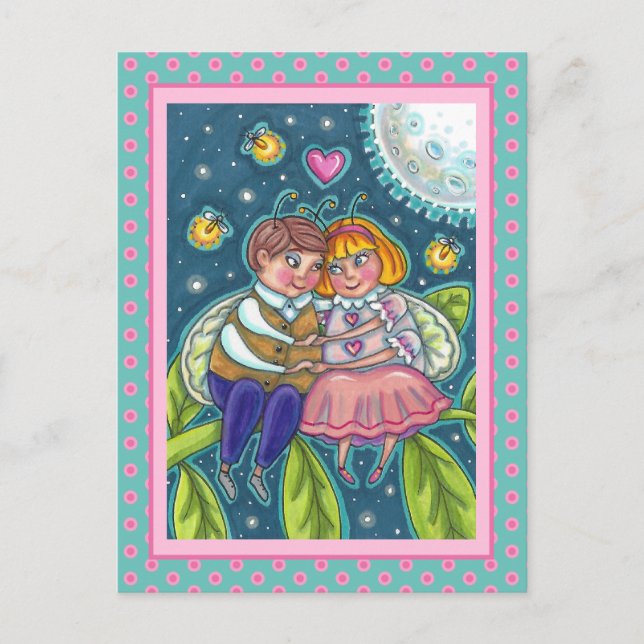 LOVE BUGS, FIREFLIES & FULL MOON, CUTE VALENTINE HOLIDAY POSTCARD (Front)
