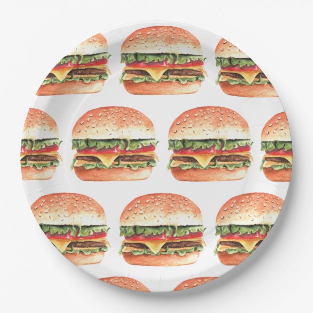 Love + Burgers Picnic BBQ Couples Bridal Shower Paper Plates (Front)