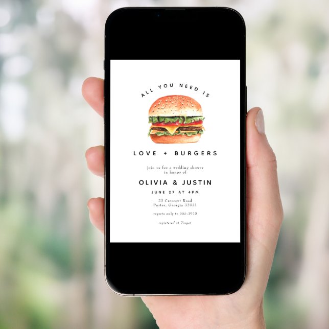 Love + Burgers Picnic BBQ Wedding Shower Invitation (Front Digital)