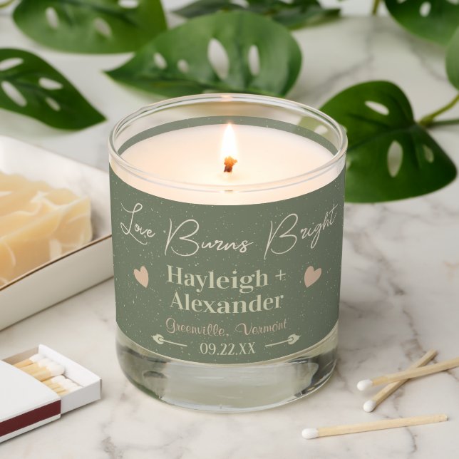 Love Burns Bright Sage Green Custom Wedding Favor Scented Candle (Lit)