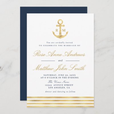 Love by the sea gold anchor nautical navy wedding invitation