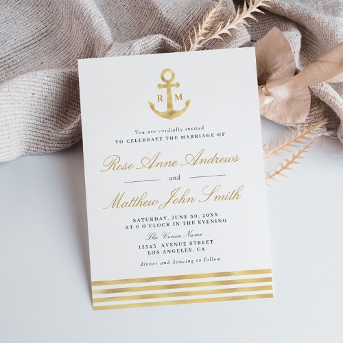 Love by the sea gold anchor nautical navy wedding invitation