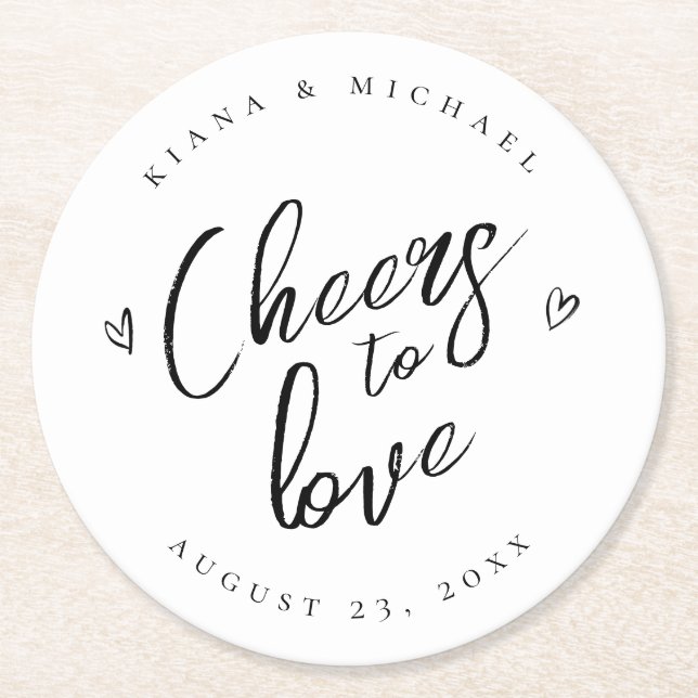 Love Calligraphy Cheers Hearts Black B&W ID940 Round Paper Coaster (Front)