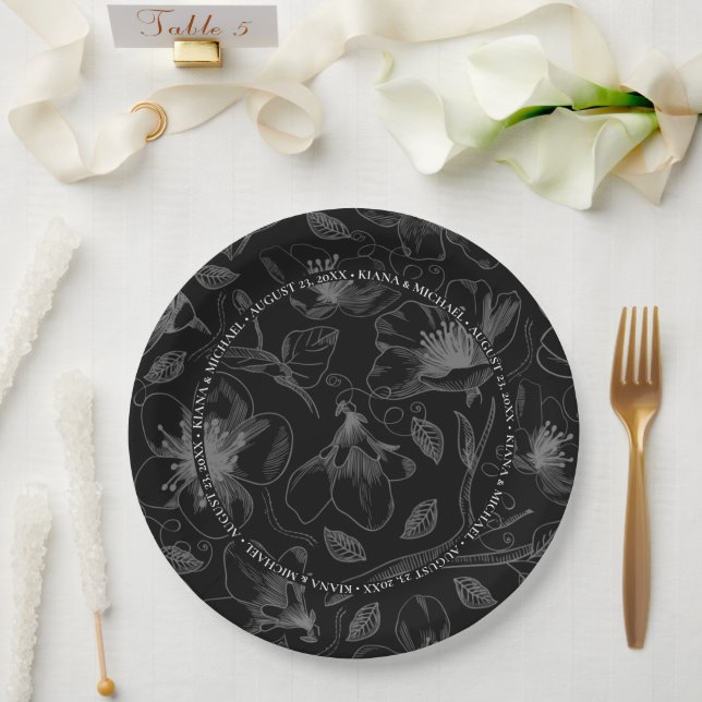 Love Calligraphy Floral w/Names Border Wht ID940 Paper Plates (Wedding)
